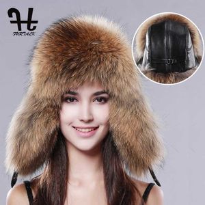 Trapper chapeaux Furtalk Women's Russian Raccoonlamb Le cuir capuchon ushanka pour femmes Hiver Hat de fourrure oreille Cossack 180v