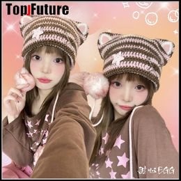 Chapeaux de trappers harajuku gothic lolita japonais bonnet chapeau chat oreille à rayures tricot tricot automne hiver mignon oreilles de chat y2k fille chapeaux de femmes 230817