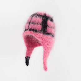 Sombreros de cazador de cabello de visón tejido sombrero de invierno con sombrero de oídos con gorros de invierno ruso sombrero de capucha de pelaje lana de bombardero para mujeres gordo tibio Cap 230817