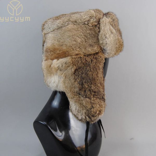 Chapeaux de trappeur Casquettes pour hommes Chaud Naturel Fourrure De Lapin Bomber Chapeau Avec Oreillettes Hiver Unisexe Chaud Russe Ushanka Chapeau Réel Lapin Fourrure Chapeaux 231214