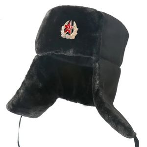 Chapeaux de trappeur pour hommes, badge soviétique d'hiver Lei Feng, chapeau russe Ushanka, extérieur chaud et épais en fausse fourrure de lapin, coupe-vent, casquettes de neige 231212