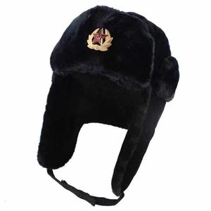 Trapper -hoeden Rusland Badge Sovjet Leger Militaire Ushanka Bomber Hats Pilot Trapper Winter Hat Faux konijn Fur Earflap Men Vrouwen Sneeuw Beanie 230817