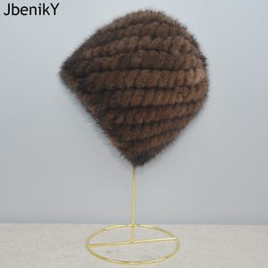 Trapper Hats Russia Winter Lady Natural Mink Fur Beanies Hat Knit Warm Striped Genuine Mink Fur Caps Women Good Elastic Real Mink Fur Hat 230817