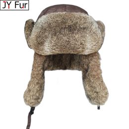 Chapeaux de trappeur Russie hiver véritable chapeau de fourrure hommes en plein air coupe-vent Super chaud réel lapin fourrure Bomber chapeaux naturel doux naturel lapin fourrure casquettes 231204