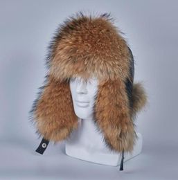 Chapeaux de trappeur Russe Ushanka de vrai raton laveur Hat à fourrure Men Men Silver en cuir authentique Hiver Cap7628596