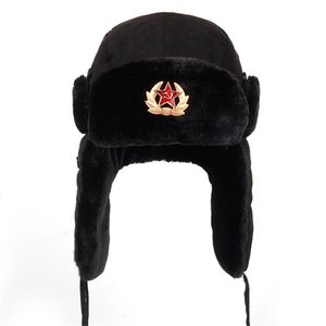 Chapeaux de trappeur, Badge militaire de l'armée soviétique, casquette de pilote de bombardier russe Ushanka, hiver, fausse fourrure de lapin, couvre-oreilles, casquette de neige, 231219