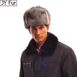 Cappelli da cacciatore Cappello bomber spesso caldo da uomo Vera pelliccia di coniglio Paraorecchie Berretto russo da uomo Plus Size Inverno per sci 231122