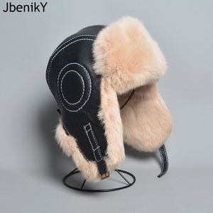 Trapper Hoeden Winter Heren 100% Echt Konijnenbont Bomber Hoed Ushanka Cap Russische Man Ski Caps Schapenvacht Leer 231213