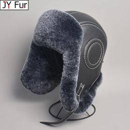 Chapeaux de trappeur pour hommes, 100% véritable fourrure de lapin Rex, chapeau de bombardier, casquette Ushanka, casquette de Ski russe en cuir de mouton, 231130