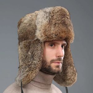 Cappelli da cacciatore Bomber invernale da esterno per uomo Pelliccia di coniglio naturale Cappello russo Colbacco Paraorecchie Uomo Berretto da sci caldo spesso Gorro Ruso 231213