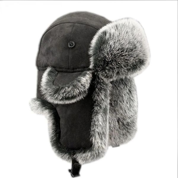 Chapeaux de trappeur d'hiver russe pour hommes et femmes, en peau de mouton naturelle, fourrure de lapin Rex de luxe, casquette en cuir de mouton véritable, chapeau de bombardier unisexe 231219