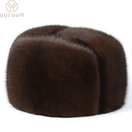 Trapper -hoeden Winter Unisex Top Real Mink Fur Bomber Hat Mannelijke echte marters Hoofd Warm Blackbrown caps Gift voor ouder Gorras 230816