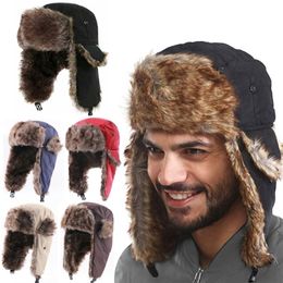 Chapeaux de trappeur pour hommes, bonnet unisexe chaud d'hiver, avec oreillettes noires, rabats plus épais, chapeau de Ski, casquette de bombardier thermique russe solide, 231219
