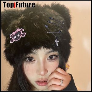 Sombreros de trampero y2k japonés harajuku kawaii blanco conejito falso de piel de pelaje orejas de gato orejas para mujeres niña de cordero tibio lindas gorras de gorro 230817