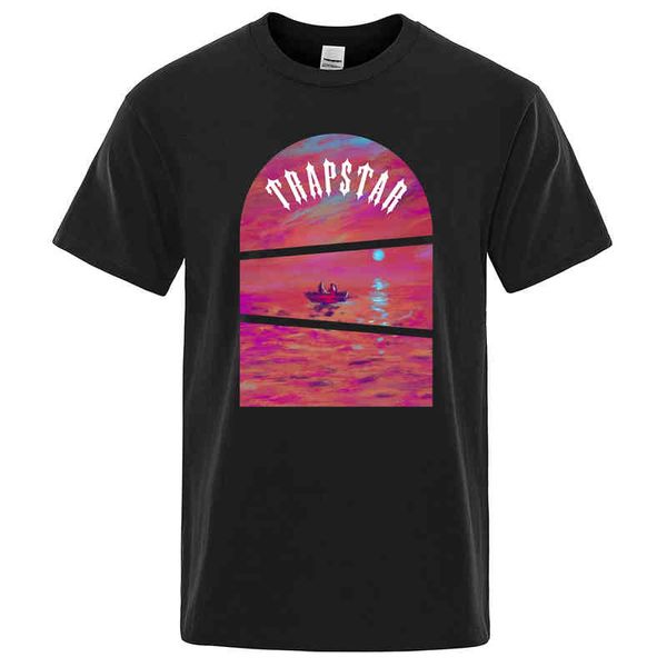 Trapstar London marca hombres camisetas mar puesta de sol pintura al óleo transpirable de gran tamaño de manga corta de algodón de alta calidad Streetwear