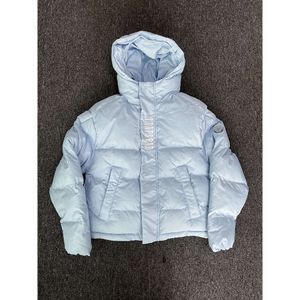 Trapstar London Decoded Puffer 2.0 ijsblauwe jas met capuchon en geborduurde letters Winterjas topsweater p a n