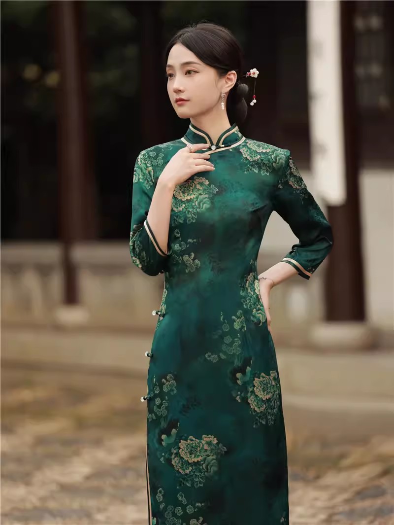 Trational cheongsam maxi jurk sexy lange gesplitste Chinese qipao slanke avond feestjurk