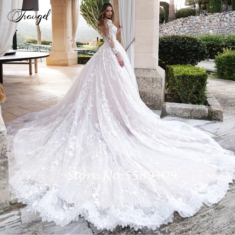 Traugel Scoop A Line Vestidos De Novia De Encaje Apliques Elegantes Botón De Manga Larga Vestido De Novia Catedral Tren Vestido De Novia Tallas Grandes De 269,82 € DHgate Foto