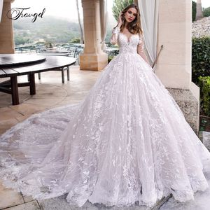 Elegant A-Line Lace Wedding Dress with Applique, Long Sleeve Button Bride Dress, Cathedral Train Bridal Gown Plus Size