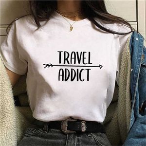 Camisetas de adicto a los viajes para mujer, camisetas con estampado de letras salvajes para mujer, camisetas blancas informales suaves a la moda para mujer, camisetas X0527