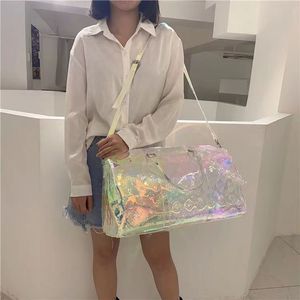 Sac de Voyage Sacs de Soirée Coloré et Lumineux Été Femme Sac de Plage Loisirs Fitness Bagage Gelée Transparente Portable Laser Transparent Sac à Main 55cm