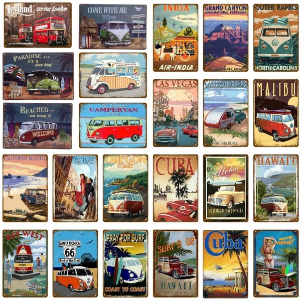 Voyage Ville Hawaii Cuba Inde Plage Métal Peinture Bus Voiture Camping-Car Vintage Tin Signes Pub Bar Garage Décoration de La Maison En Métal Affiche 30x20cm Woo