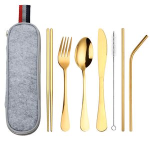 Ensemble de cuillères portables ensemble de couverts de voyage réutilisables avec étui couverts en acier inoxydable pour le camping, y compris couteau à dîner fourchette cuillère baguettes paille Boba 1222916