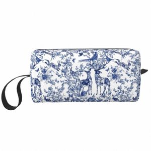 Franse Toile De Jouy toilettas met bloemen- en dierenbos Indigopatroon Cosmetische make-up organisator Opslag Dopp Kit Case Z4c9#