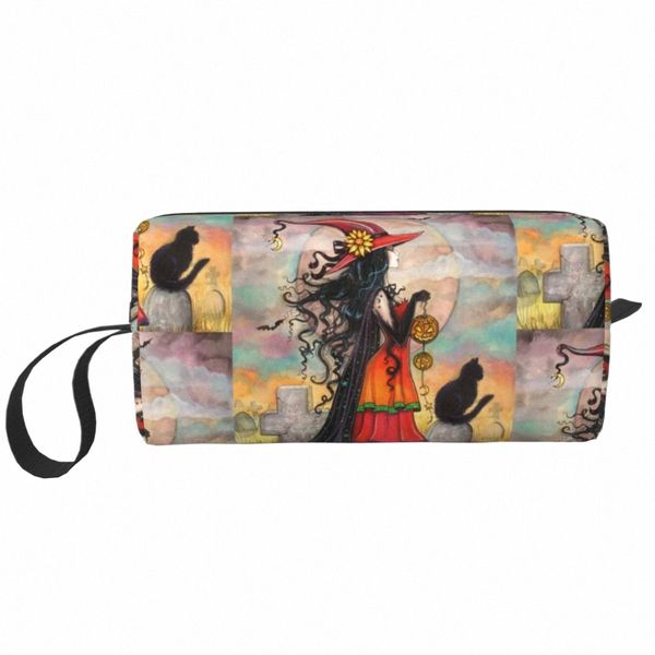 Viajes Halen Witch And Black Cat Fantasy Art Neceser Cosmético Maquillaje Organizador para mujeres Almacenamiento de belleza Dopp Kit Case h5gW #