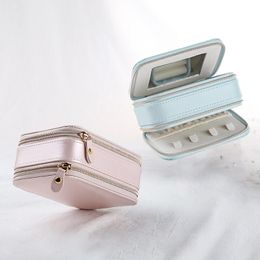 Caja de joyería de viaje Caja de joyería pequeña Organizador de almacenamiento portátil de cuero de PU Cajas de exhibición de doble cremallera para anillos Pendientes Pulseras Collar
