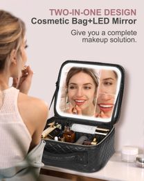 Bolsa de maquillaje de viaje con espejo iluminado, con un espejo de aumento 2x3x y particiones ajustables, caja de almacenamiento de maquillaje portátil con 3 luces de color para cosméticos