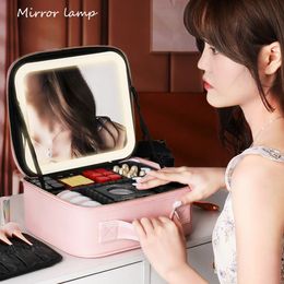 Trousse de maquillage de voyage avec miroir lumières 3 couleurs séparateurs réglables étui de rangement de maquillage étuis de train cosmétiques imperméables pour femmes 240127