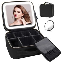 Trousse de maquillage de voyage avec miroir éclairé par LED avec séparateurs réglables et miroir grossissant 10x amovible 231222