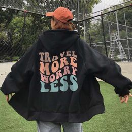 Sweat-shirt à capuche avec fermeture éclair imprimée au dos, style Hip Hop Y2k, Streetwear pour femmes et hommes, à la mode, avec fermeture éclair, voyage plus sans soucis