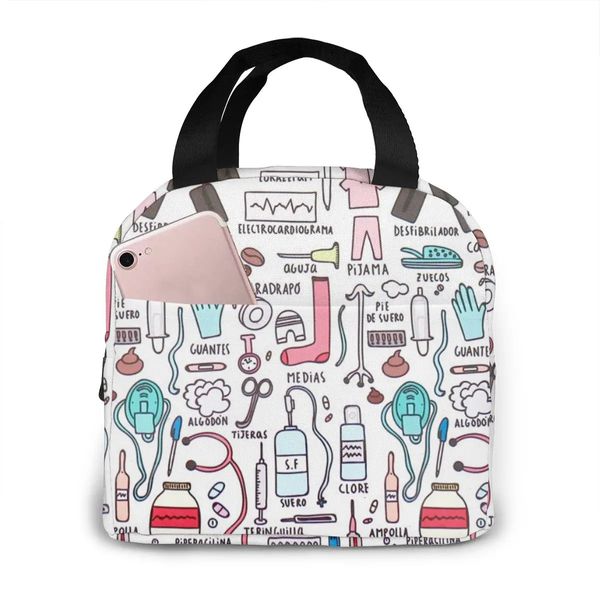 Sac d'infirmière de voyage sacs à déjeuner isolés femmes dessin animé infirmière impression étui alimentaire refroidisseur chaud boîte à Bento pour enfants boîte à déjeuner pour l'école 240127