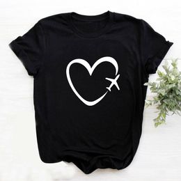 Reisvliegtuig hart liefde grafische Tees zomer vrouwen t-shirt katoenen t-shirt vrouwen korte mouw femme t-shirts zwart camisetas mujer T200525