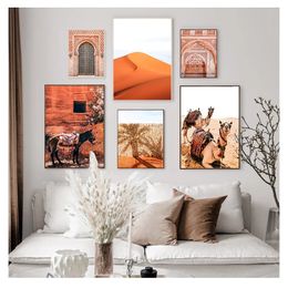 Reisafdruk marrakech poster kameel canvas print schilderij muur foto woonkamer marokkaans decor boho landschap muur kunst woestijn woo