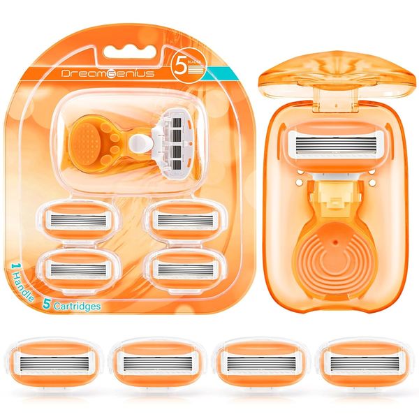 Les rasoirs de voyage pour femmes comprennent 1 manche et 5 cartouches, un mini rasoir portable à 5 lames avec étui de voyage, les meilleurs accessoires de voyage pour femmes, orange