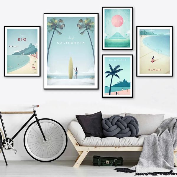 Voyage bord de mer vacances toile peinture Hawaii Mexique Californie paysage affiche imprime nordique mur photo moderne salon chambre décor sans cadre Wo6