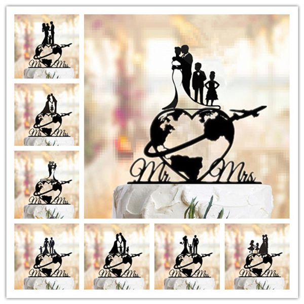 Voyage de style familial à thème Cake Topper Topper World Cake Topper Airplane Cake Topper Map Silhouette Acrylique