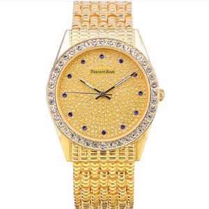 Treasureboat Brand Fashion Relojes para hombre Reloj de cuarzo con diamantes dorados de lujo Esfera brillante y transparente Relojes de pulsera cómodos 223S