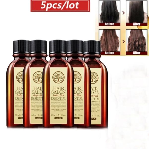 Traitements 5 pièces soins capillaires huile d'argan Pure marocaine huile essentielle pour cheveux secs Types soins capillaires multifonctionnels pour femme