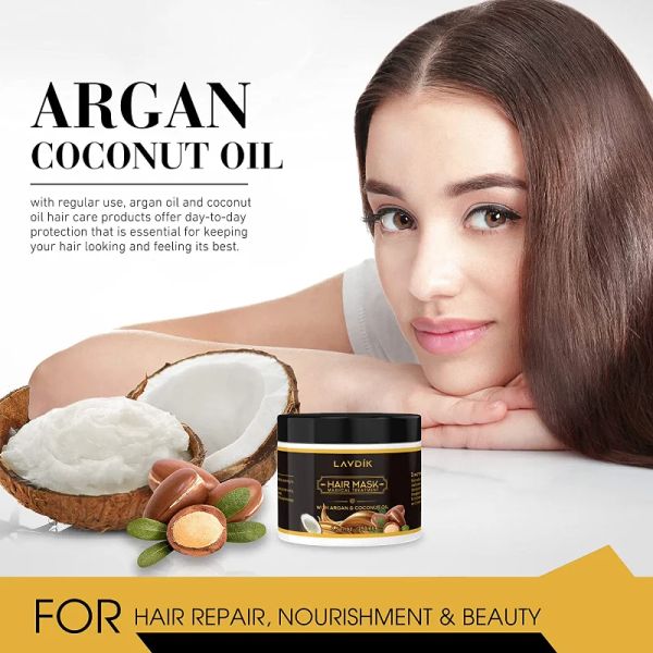 Masque capillaire à l'huile d'argan, traitement capillaire hydratant au collagène à l'huile de noix de coco pour cheveux secs et abîmés, après-shampooing naturel en profondeur pour tous les types de cheveux