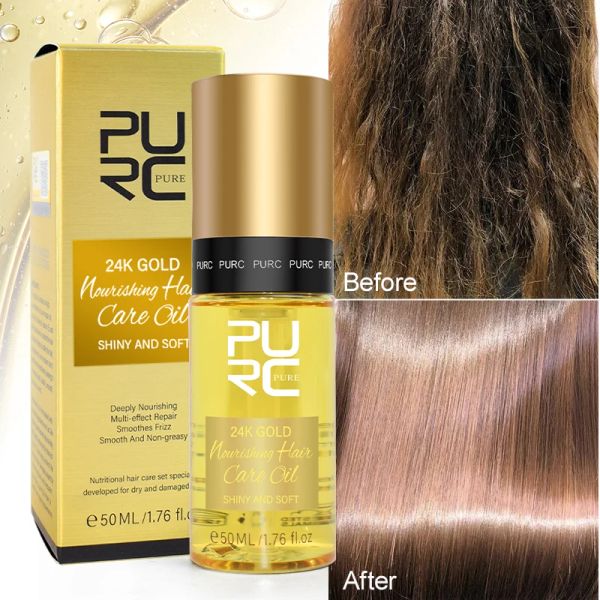 Traitements PURC 24K Gold huile capillaire nourrissante lissante réparation cheveux frisottis endommagés produits de soins capillaires professionnels pour les femmes