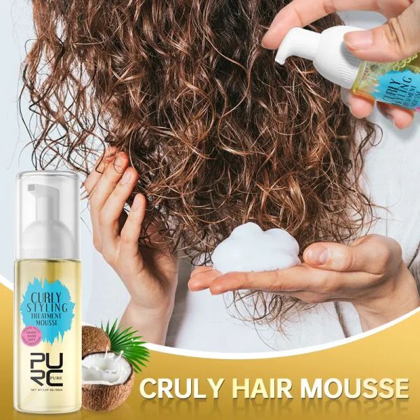 PURC – Mousse de traitement pour cheveux bouclés, produits pour cheveux ondulés, shampoing lissant, huile de ricin, pour soins capillaires secs et endommagés, frisottis