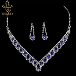 Treazy Royal Blue Crystal Bruidal Sieraden Sets Rhinestone Statement Choker ketting oorbellen vrouwen bruiloft 240511