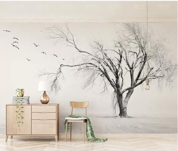 Fonds d'écran de mur de fond TV minimaliste oiseau volant d'arbre salle de vie moderne