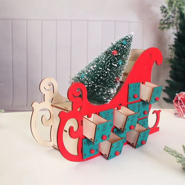 Tree House Sleigh en bois Avent Calendrier Counom Countdown Christmas Party Decor 24 tiroirs avec Ornement de lumière LED