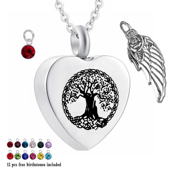 Arbre de vie 12 pièces pierre de naissance cristal urne collier coeur mémorial souvenir support pendentif cendres crémation bijoux pour cendres