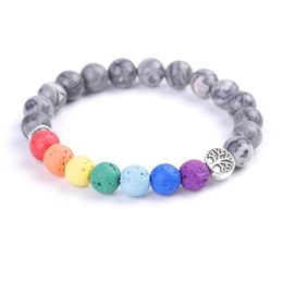 Pulsera con dijes de Árbol de la vida de 8mm y 7 Chakras, piedra de Lava, rayas azules y moradas, cuentas de la India, pulseras difusoras de aceites esenciales para Yoga